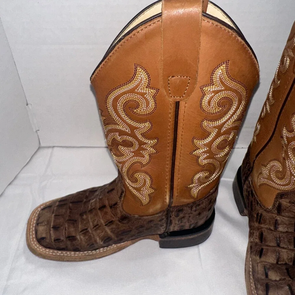 Old West Kids 12.5 D Cowboy Boots Brown Croc Embossed Leather Square Toe